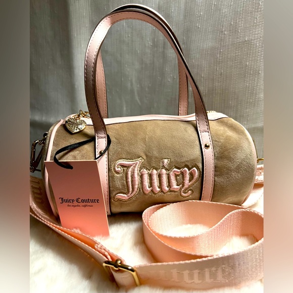 NEW Juicy Couture Brown Tan Pink Velour Mini Barrel Bag - Picture 1 of 4
